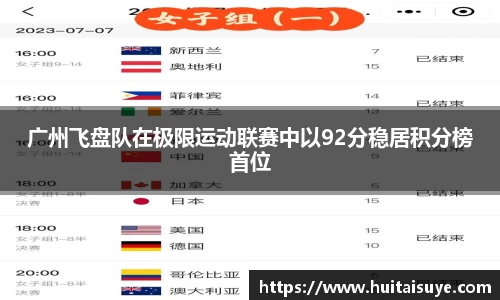 广州飞盘队在极限运动联赛中以92分稳居积分榜首位